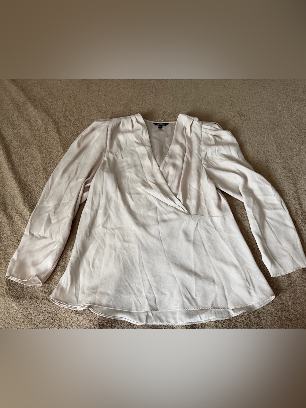 Cream Surplice V-Neck Blouse with Puff Shoulders